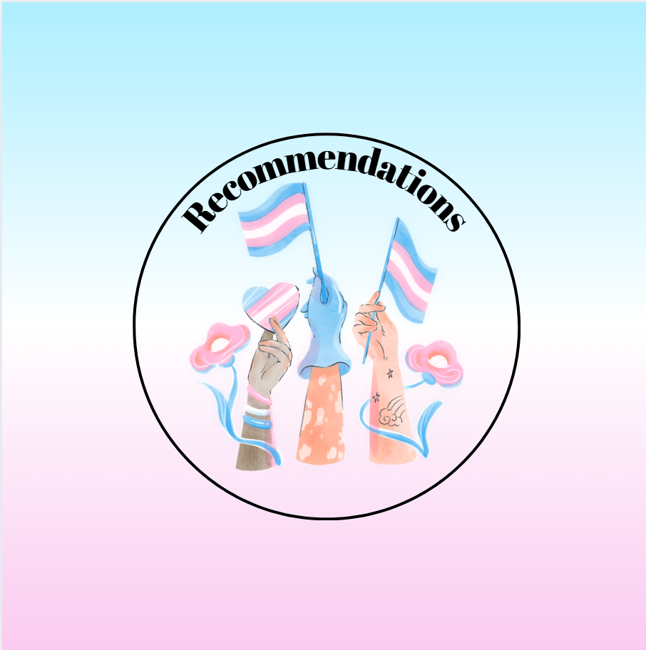 A blue, white, and pink gradient background. There is a black outlined circle in the middle of the page with "Recommendations" as the title inside it and it is curved. In the circle it had 3 hands holding trans pride flags.